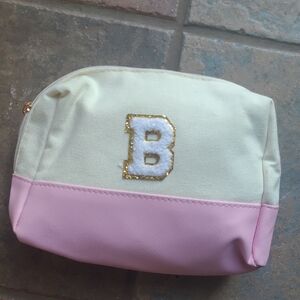 New! Pink and Cream Womens Monogram B Cosmetic Travel Bag